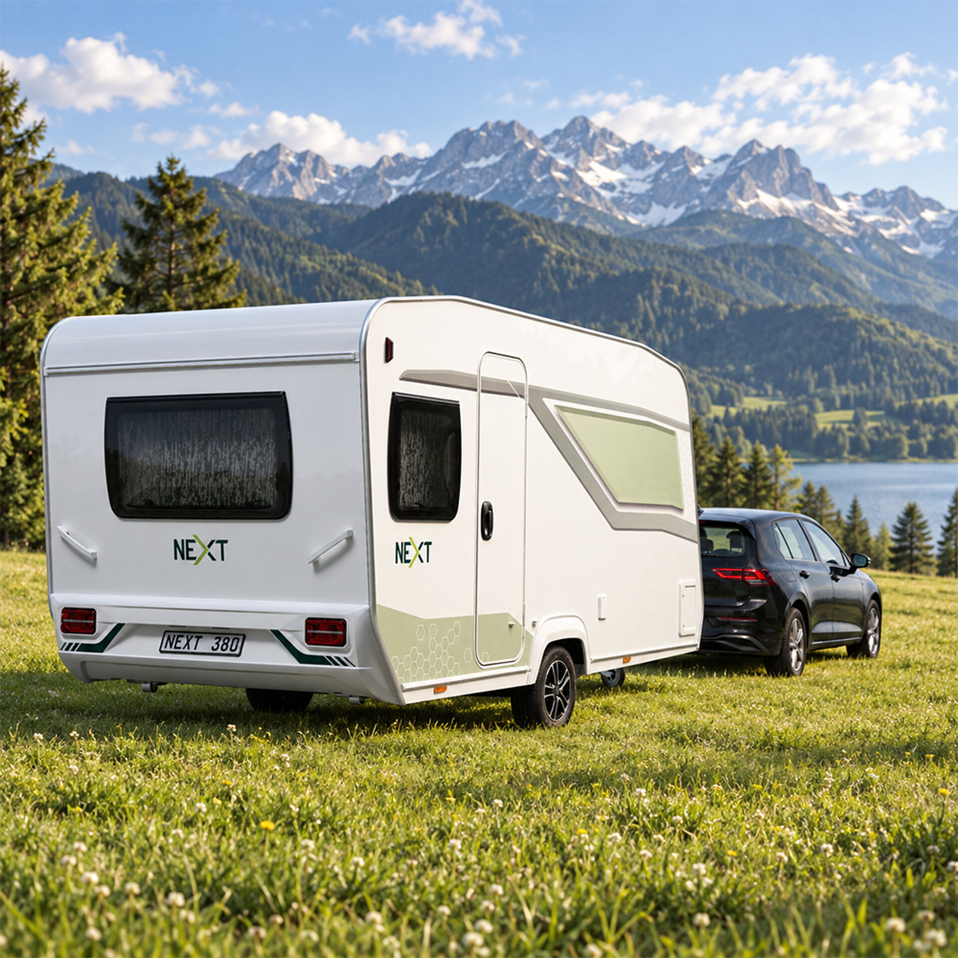 Ein PKW zieht einen NEXT 380 Wohnwagen über eine Wiese.