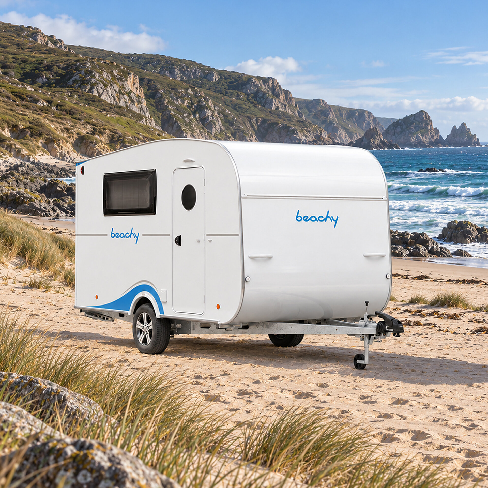 Der beachy 420 Wohnwagen steht an einem Strand.