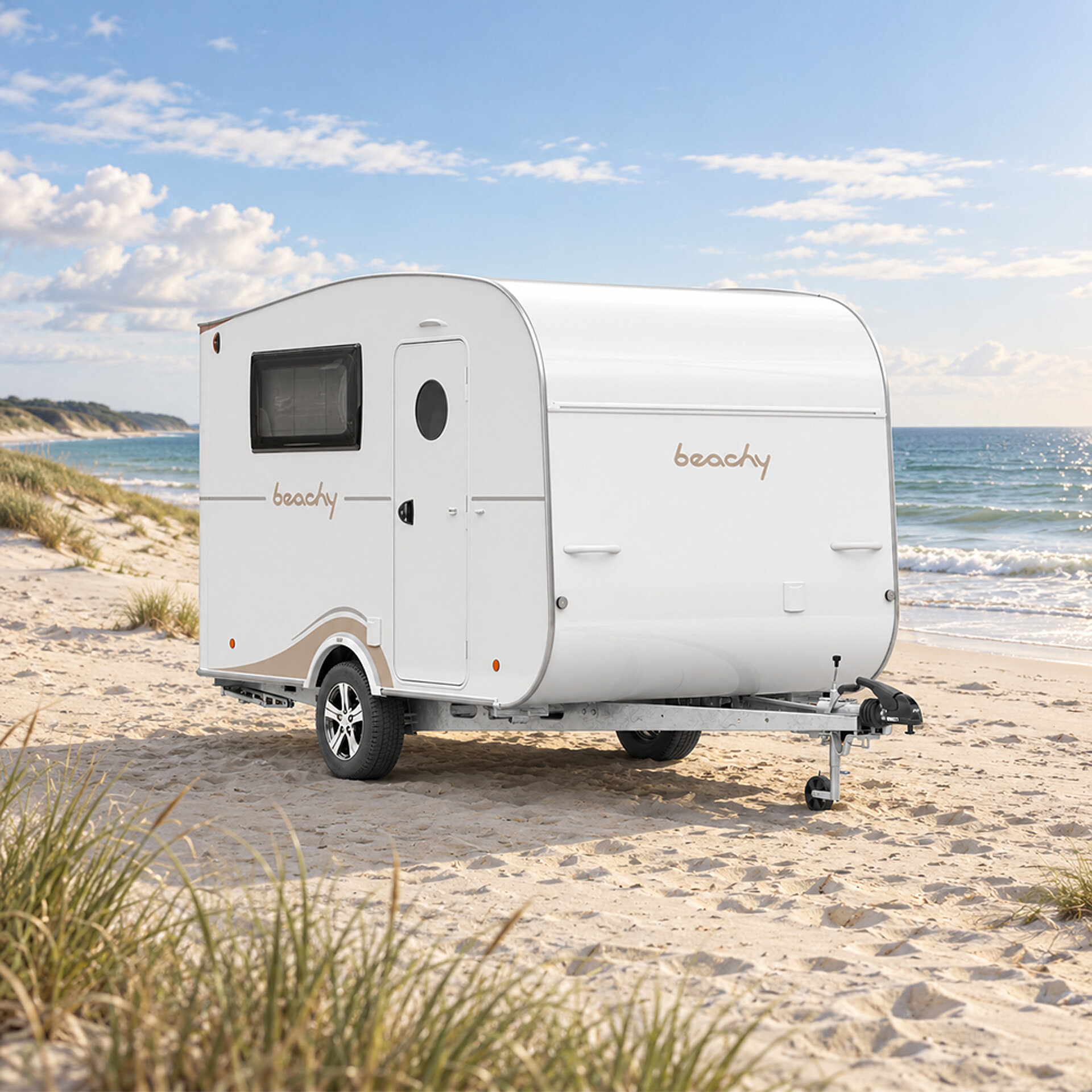 Der beachy 360 Wohnwagen steht an einem Strand.